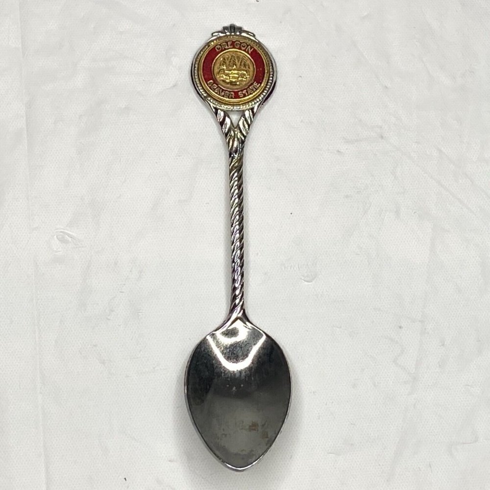 Oregon Beaver State Souvenir Spoon 3 5/8" Silver Tone Gold Red Enamel Insert USA